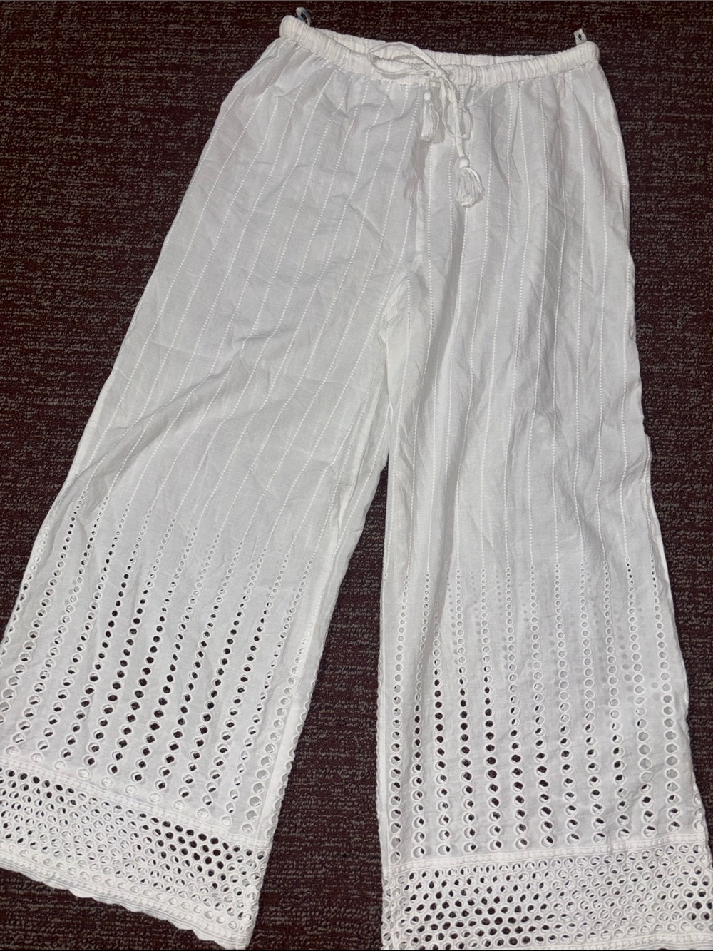 Sheer white palazzo pant tie waist relaxed fit Resortwear eyelet lace pant L - Picture 3 of 14